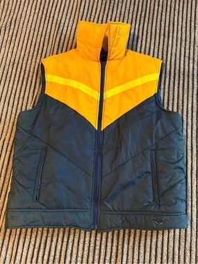Vintage 80s Christopher Rand Puffer Ski Vest XL Yellow Navy Colorblock Korea